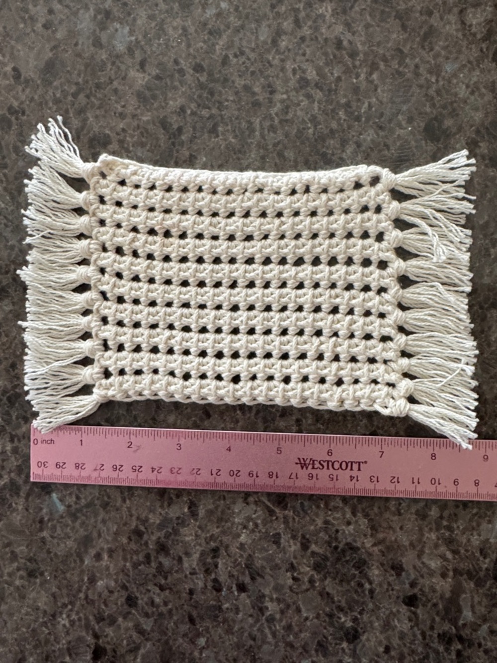 Handmade Crochet Mug Rug with Fringe /Placemat / Trivet  Off-White 100% Cotton - Picture 5 of 7